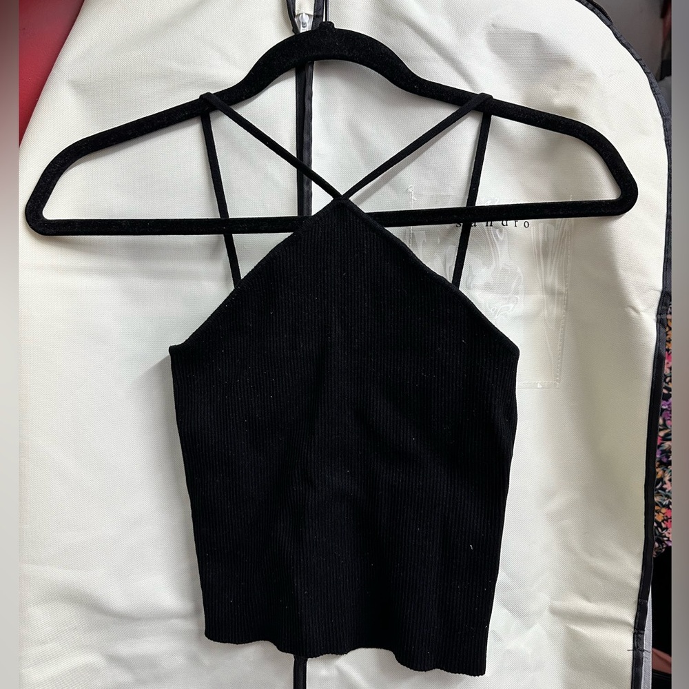 Zara Black Ribbed Crisscross Halter Crop Top
